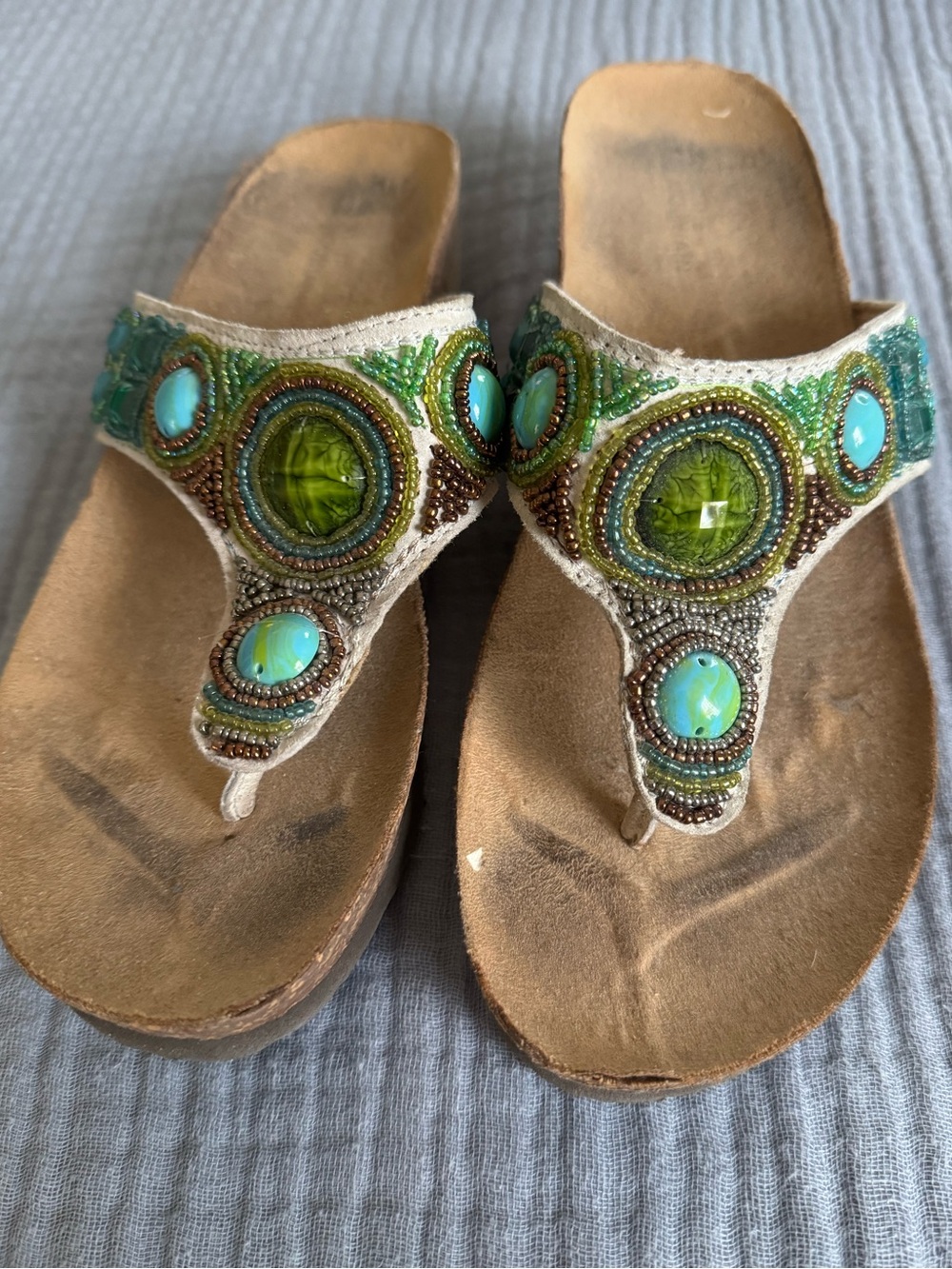 Women's Green Beaded Thong Sandals with Turquoise Accents